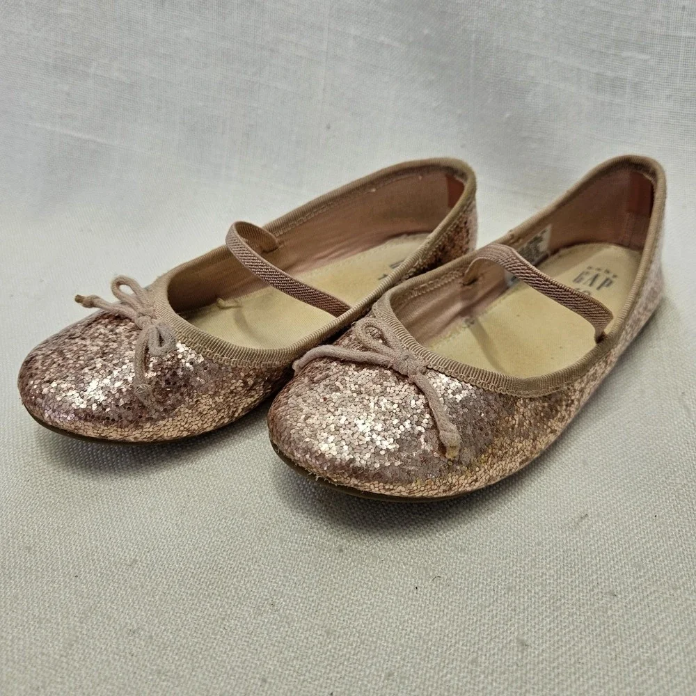 Gap Ballet Flats Girls Size‎ 10 Rose Gold Glitter Bow Elastic Strap Dressy Shoes